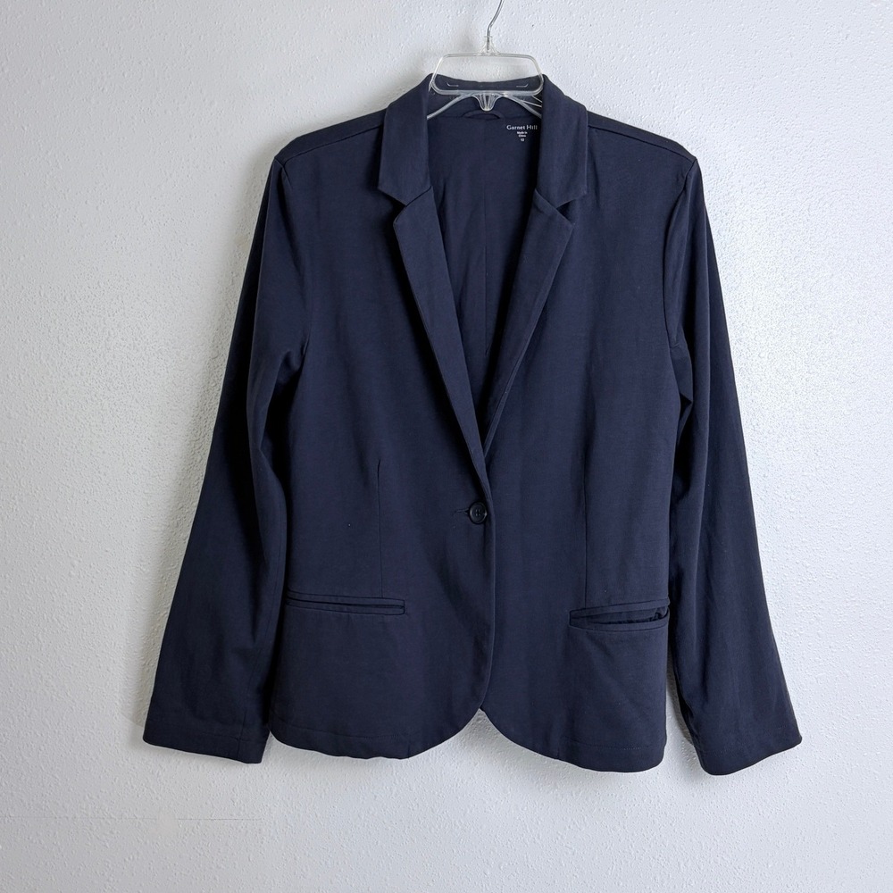 Garnet Hill Navy Knit Jersey Blazer Single Button Office Workwear Jacket 12